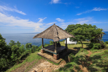 Small wooden hut with a thatched roof sits on a hill overlooking the ocean