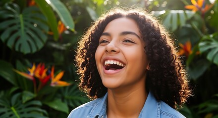 Joyful Young Woman Laughing in a Tropical Garden.