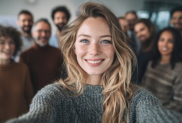 Fototapeta premium Close-up of a smiling young woman with wavy blonde hair taking a selfie with diverse group of people in