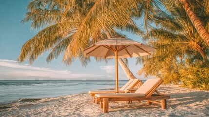 Beach Landscapes | Tropical Beach Scene with Palm Trees Lounge Chairs and Beach Umbrella in Warm Sunlight