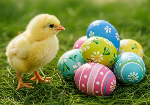 Cute Yellow Chick with Colorful Easter Eggs on Green Background
