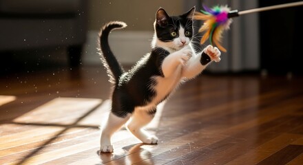 Playful Black and White Kitten Jumping for a Toy.
