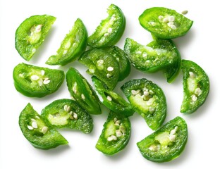 Close-up of fresh green jalapeno pepper slices with seeds on