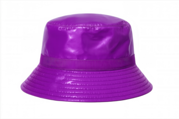 Purple glossy bucket hat, stylish headwear accessory, modern fashion item with shiny texture, transparent background