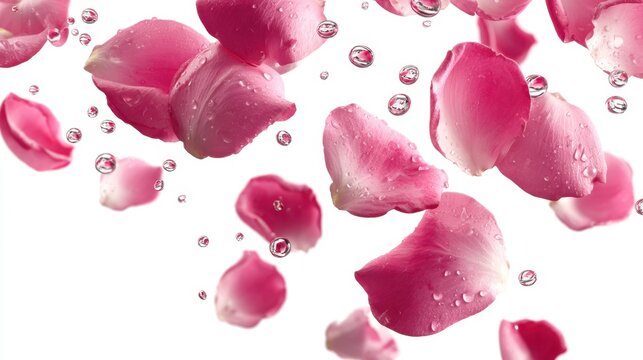 Close-up of pink rose petals floating with water droplets and bubbles on a