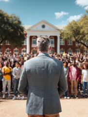 Authentic Indigenous Day School Principal Addressing Diverse Student Crowd Modern Leadership and Community Connection for Education Marketing