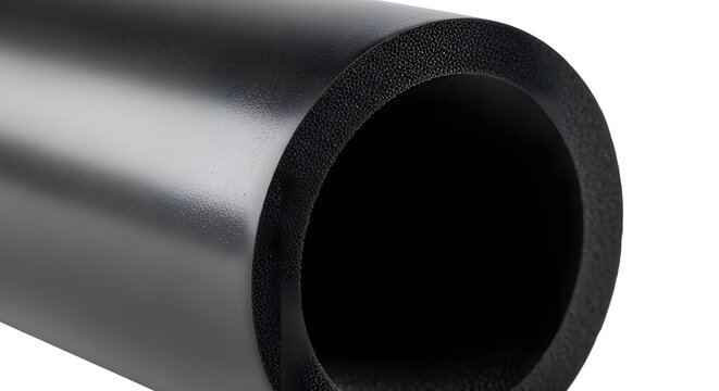 Black rubber foam pipe insulation, industrial thermal insulation tube for plumbing, flexible nitrile rubber sleeve for hvac systems isolated PNG with Transparent Background