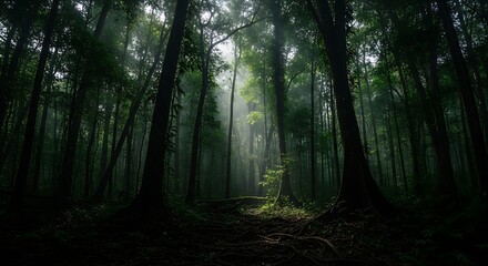 Misty Forest Pathway with Sunbeams Filtering Through Dense Green Canopy at Dawn
