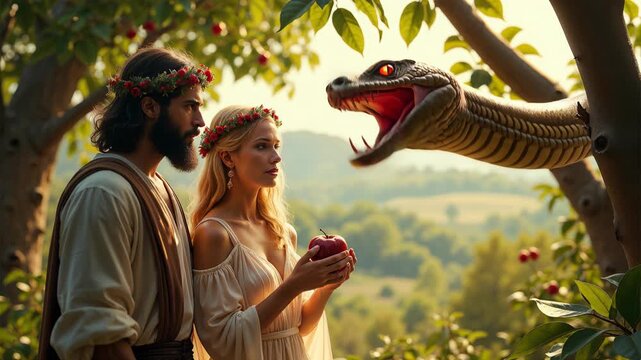 Biblical Adam and Eve with serpent offering forbidden apple in Garden of Eden. Snake tempting woman with red fruit. Religious mythology scene with flower crowns and natural paradise setting.