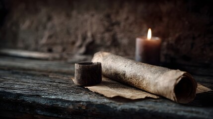 Obraz premium An ancient parchment scroll lies on a dark rustic wooden table next to a glowing candle illuminated by its warm flame in the shadows