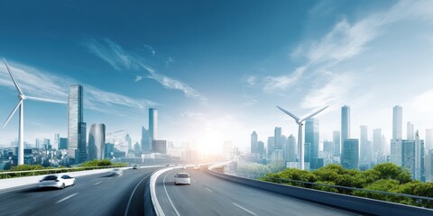 Fototapeta premium Modern Smart City with AI-Driven Renewable Energy Systems and Electric Vehicles Premium Urban Sustainability Content for Tech Marketing Campaigns