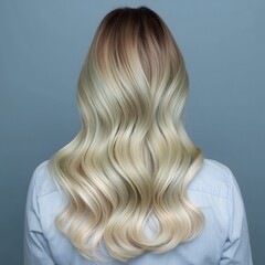 Fototapeta premium Soft studio portrait showing the back view of long blonde hair with smooth gradient color transitioning into cool light ends, styled in defined flowing wave patterns for modern beauty and professional