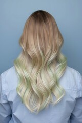 Naklejka premium Soft studio portrait showing the back view of long blonde hair with smooth gradient color transitioning into cool light ends, styled in defined flowing wave patterns for modern beauty and professional