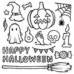 Happy halloween. hand drawing vector set. horror clipart. pencil sketch mark underline emphasis asset. outline naive style art. doodle ghost elements.