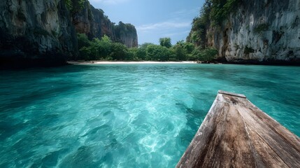 View from a wooden boat approaching a serene tropical bay surrounded by limestone cliffs under a bright sunny sky