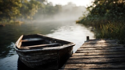 A weathered wooden rowboat is tied to a rustic dock on a misty lake at sunrise