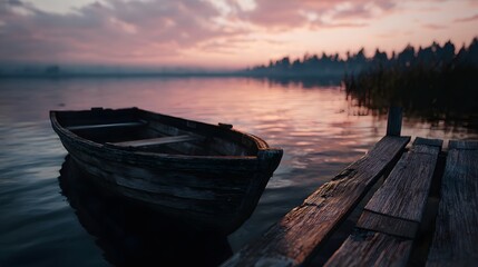 Obraz premium Wooden rowboat docked on a tranquil lake at sunrise reflecting soft colors