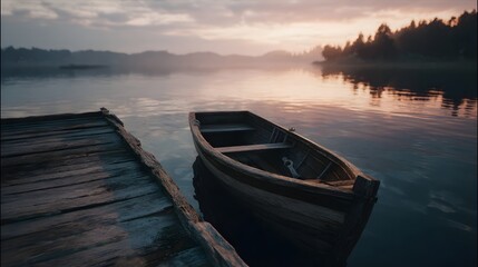 Obraz premium A rustic wooden rowboat rests by a calm lake dock at sunrise with soft mist and reflections