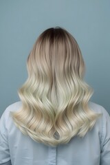 Naklejka premium Soft studio portrait showing the back view of long blonde hair with smooth gradient color transitioning into cool light ends, styled in defined flowing wave patterns for modern beauty and professional