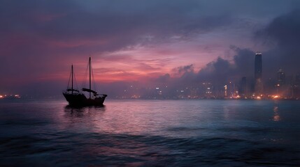 Fototapeta premium Traditional junk boat sails on calm water against a vibrant twilight city skyline with glowing lights