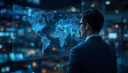 A man in a suit observes a glowing digital map of global networks on a large screen in a modern control room
