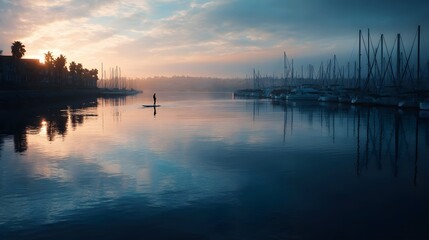 A solitary paddleboarder enjoys a serene sunrise over a tranquil marina filled with sailboats
