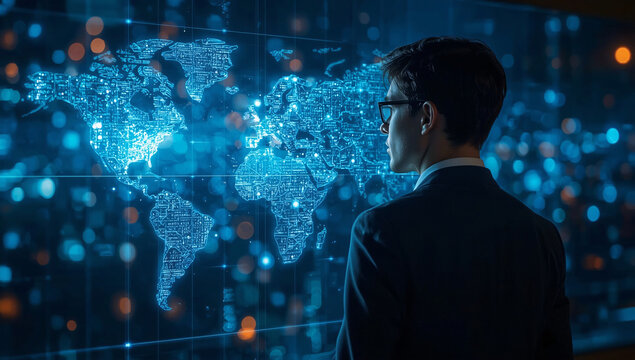 A man in a suit observes a glowing digital map of global networks on a large screen in a modern control room