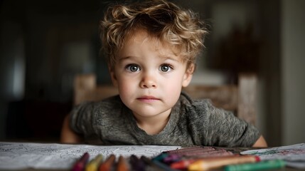 Young boy with curly hair sits at a table looking at the with crayons and drawing paper