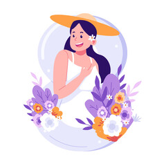 Smiling Woman Illustration Wearing White Dress and Straw Hat Surrounded by Floral Ornaments on Transparent Background
