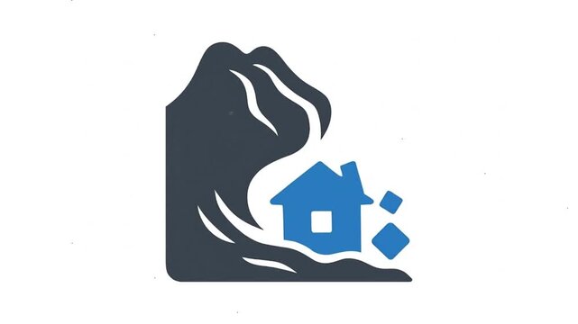 Landslide destroying a house animation icon.