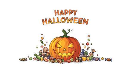 Naklejka premium Happy Halloween with a carved pumpkin and candy scattered around it.