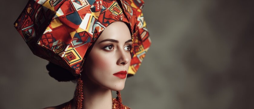 Premium Mid-Century Design Model with Retro Geometric Headpiece Authentic Vintage Style for Modern Lifestyle Marketing and Social Media Content