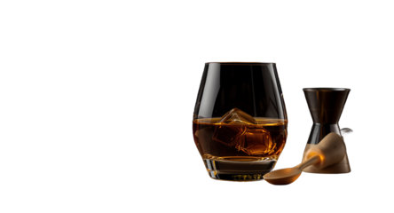 Whiskey with Ice and Bar Tools on Wood