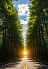 Fototapeta premium Tranquil morning road lined with lush green trees creating a serene pathway