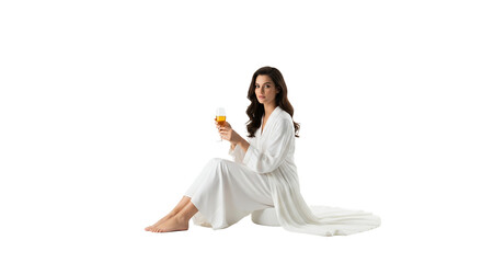 Woman in White Robe Holding Glass of Drink, Isolated on White Backdrop