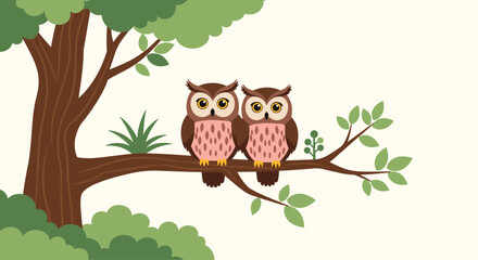 Obraz premium Two cute owls sitting together on a tree branch under the leaves.