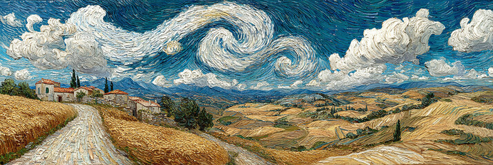 Tuscan Countryside Village with Golden Fields and Rolling Hills Under a Swirling Sky, Oil Painting Style