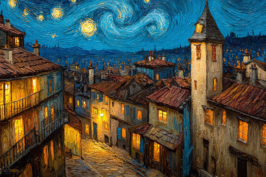 A starry night over a charming European village with cobblestone streets and glowing windows