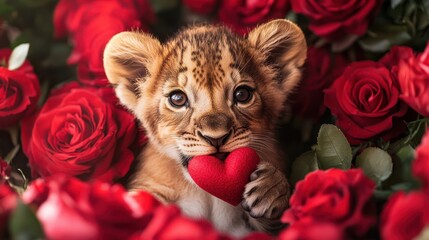 Adorable Lion Cub Holding Heart Surrounded by Red Roses, Symbolizing Love, Friendship, and Innocence in a Beautiful Floral Arrangement