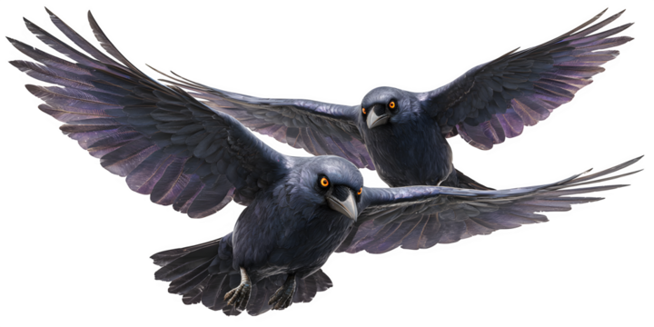 Mysterious ravens in flight with piercing orange eyes, symbolizing freedom, transformation, and the unknown, perfect for creative projects.. Perfect for Halloween Designs