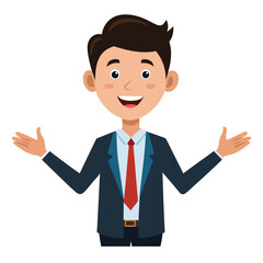 Corporate male presenting or displaying something with an open two-handed gesture, suitable for business presentations and showcasing ideas on white.