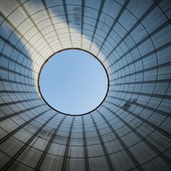 Naklejka premium Looking Up Through Metal Structure to Blue Sky