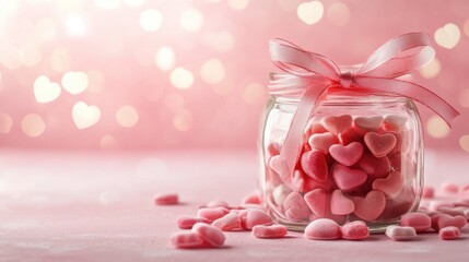 Romantic glass jar filled with assorted pink candy hearts, beautifully adorned with a ribbon, ideal for celebrations and sweet occasions, on a soft background.