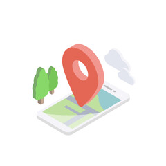 スマートフォンの地図上に赤いマップピンが立つアイソメトリックなベクターイラスト (位置情報・ナビゲーション・アクセス)