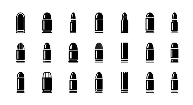A collection of stylized black and white ammunition icons arranged in rows, depicting various bullet types for use in design and illustration projects.