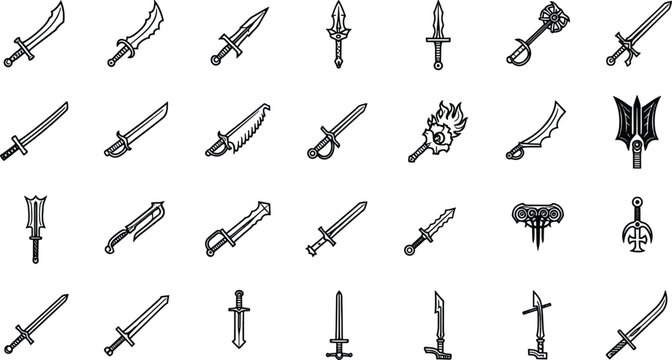 A detailed illustration showcases a collection of diverse, stylized swords, each with unique designs, presented on a white background, perfect for historical or fantasy-themed projects.