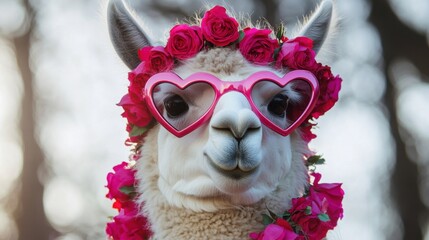 Adorable llama adorned with pink sunglasses and floral crown posing in a dreamy outdoor setting, capturing a moment of quirky charm and joy.