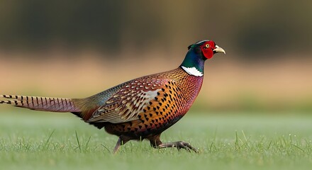 Ring-necked Pheasant Male Bird Walking in Grassy Field with Colorful Plumage