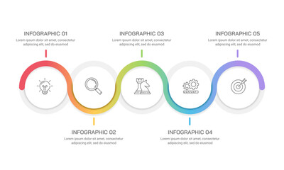 Horizontal 5 Steps Infographic Timeline for Business Process Development, Project Planning, and Strategy Implementation. Vector illustration.