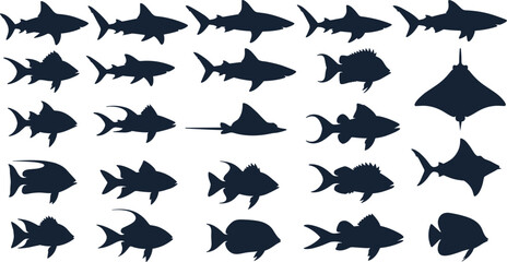 Silhouettes of Sharks, Rays, and Fish in Rows – Marine Animal Vector Icons for Ocean Life, Wildlife, and Sea Creatures